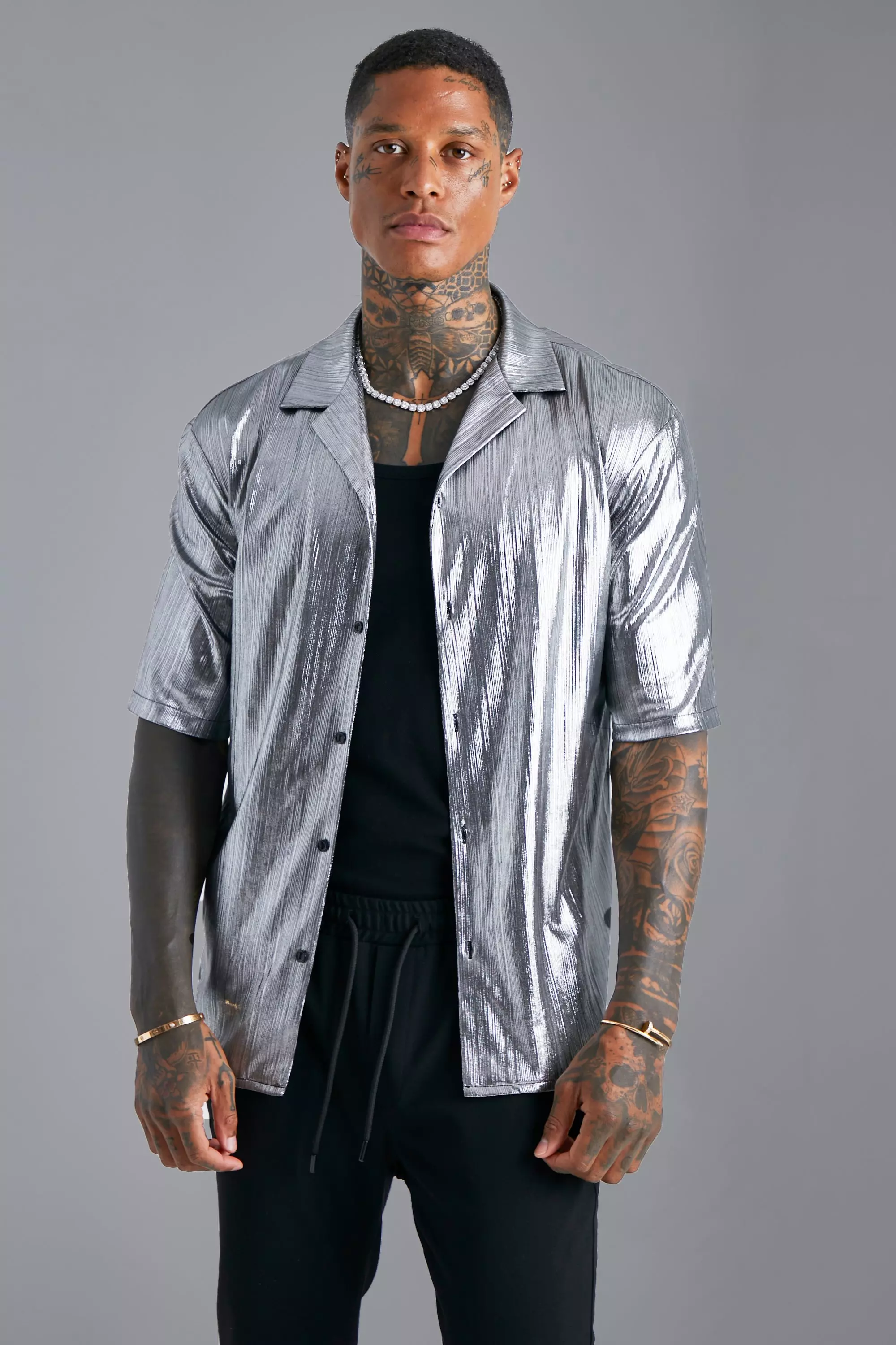 Metallic silver mens store shirt